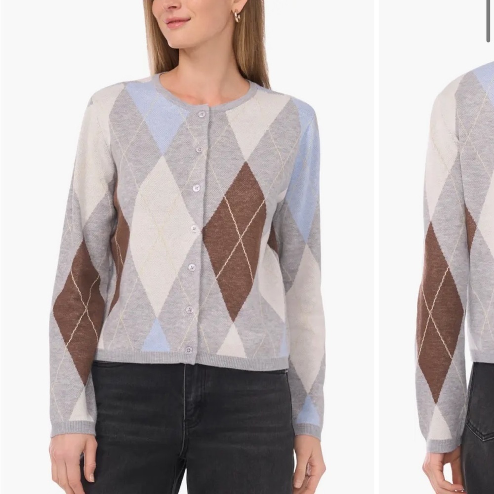 CeCe Argyle Cardigan - Light Blue, Gray, Brown